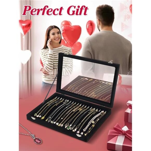 Necklace Organizer Jewelry Tray Velvet Display Box Dustproof Glass Lid Storage - Picture 2 of 7